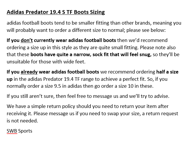 adidas football boot sizing